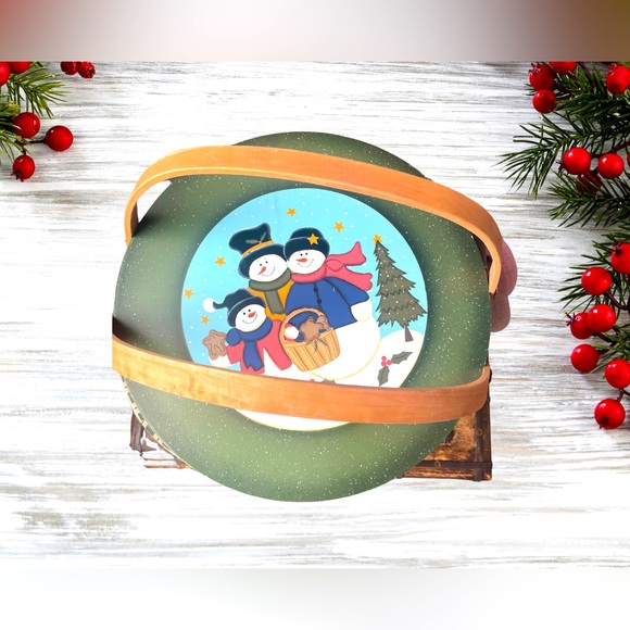 Vintage Christmas Snowman Woven Wicker Basket With Handles - Picture 1 of 5